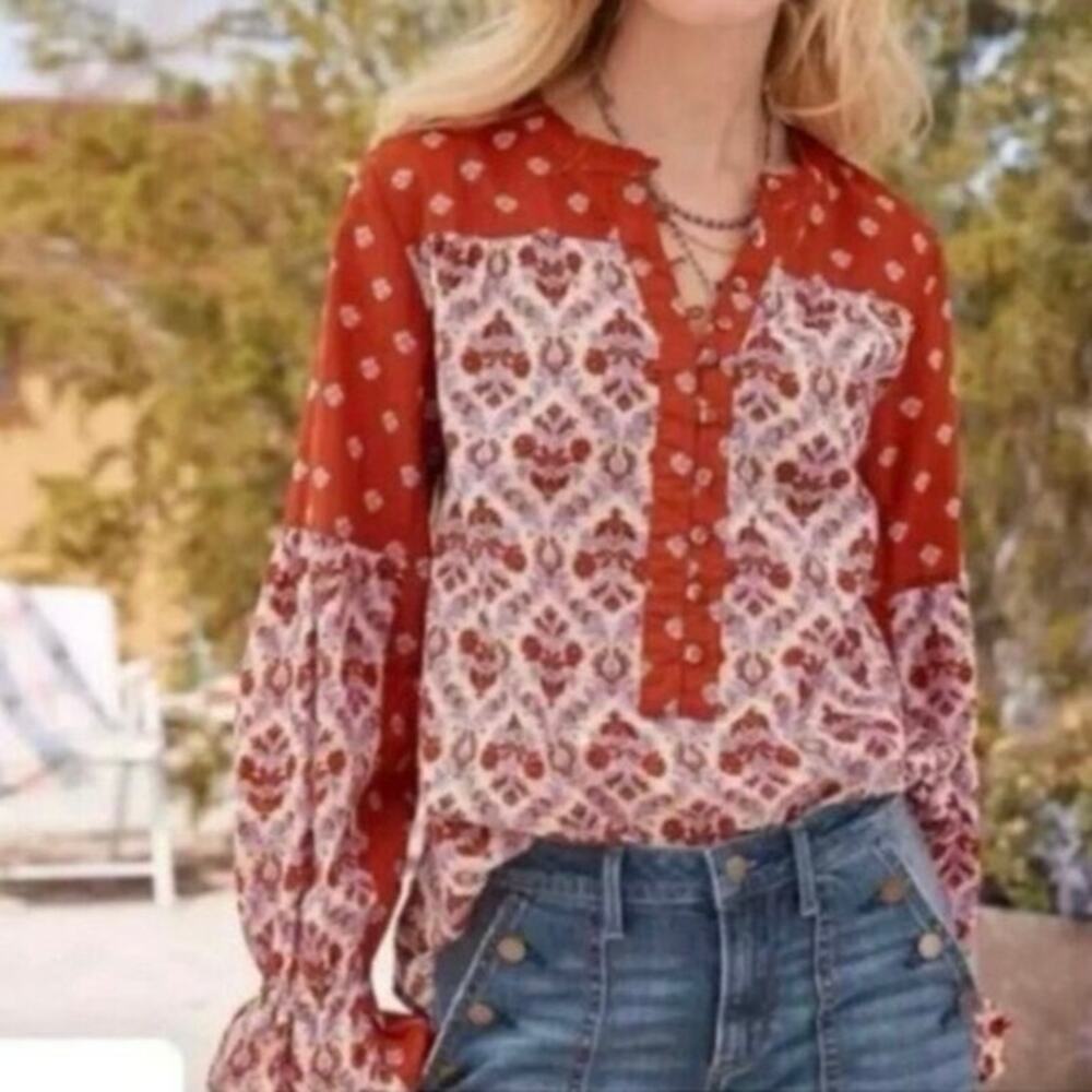Sundance Mixed Print Filigree Orange Lavender Button Up Boho Print Blouse Size M